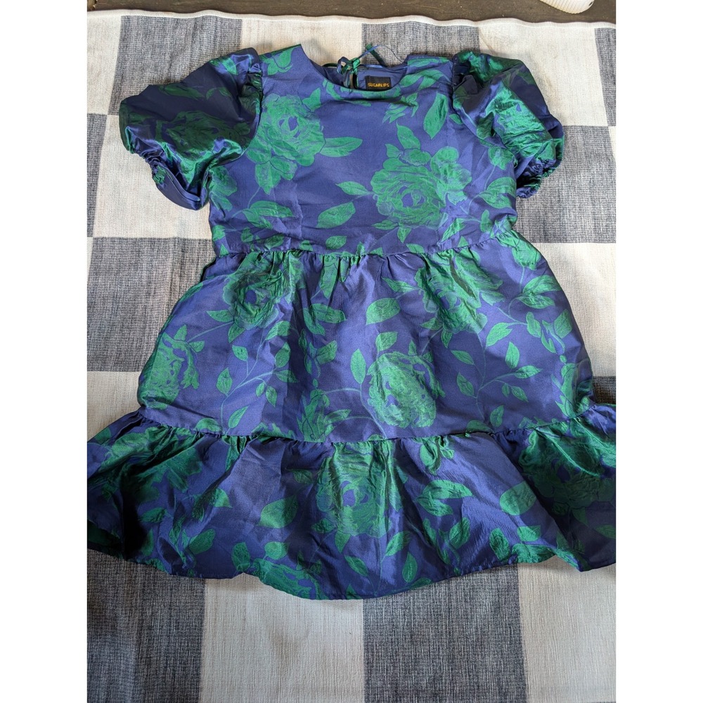 Sugarlips Navy Emerald Floral Jacquard Puff Sleeve Tiered Mini Dress STD14650 M